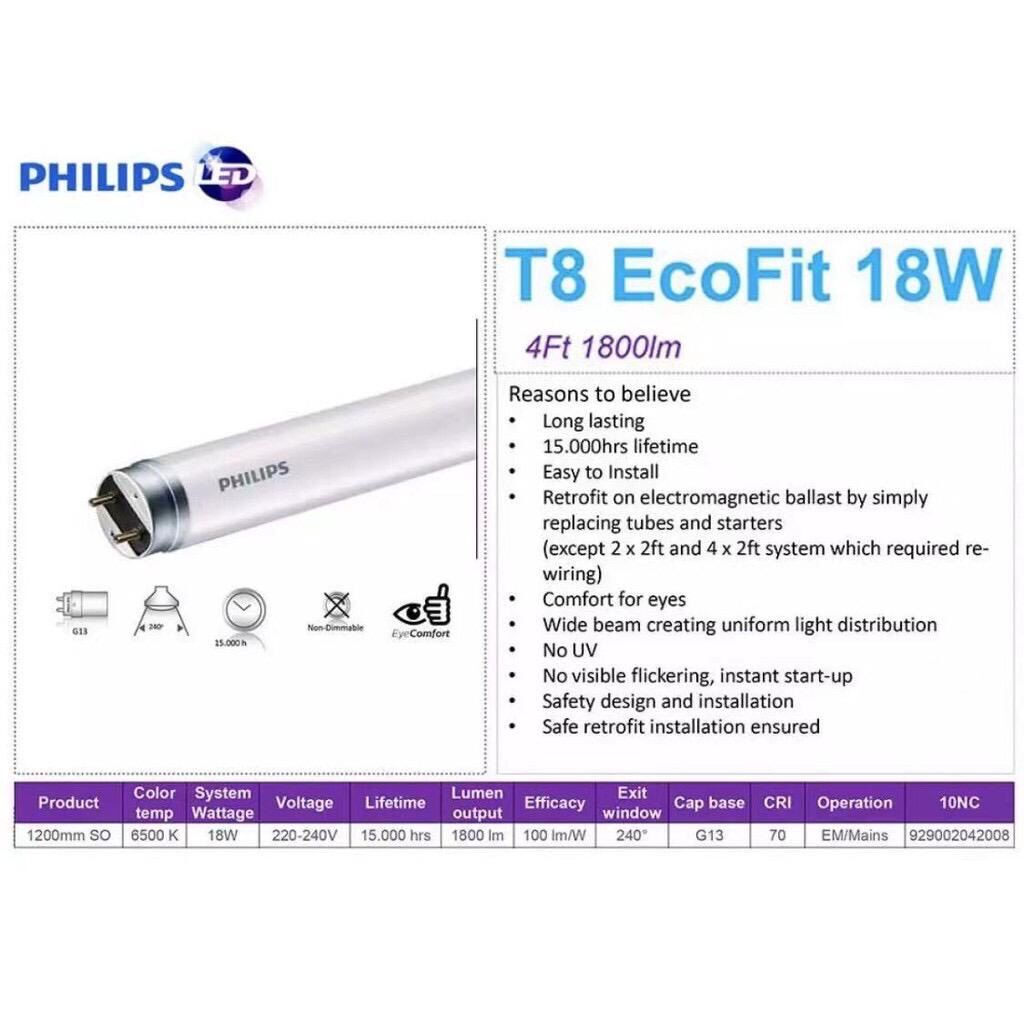 PHILIPS ECOFit 18W T8 LED Tube Cool Daylight 1200mm HO 18W 865 X20PCS