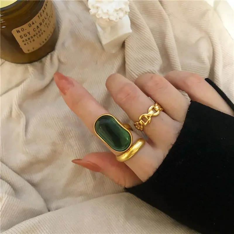 925 Sterling Silver French Retro Distressed Niche Designer Emerald Light Luxury Antique Style Ring Ins Trendy Women