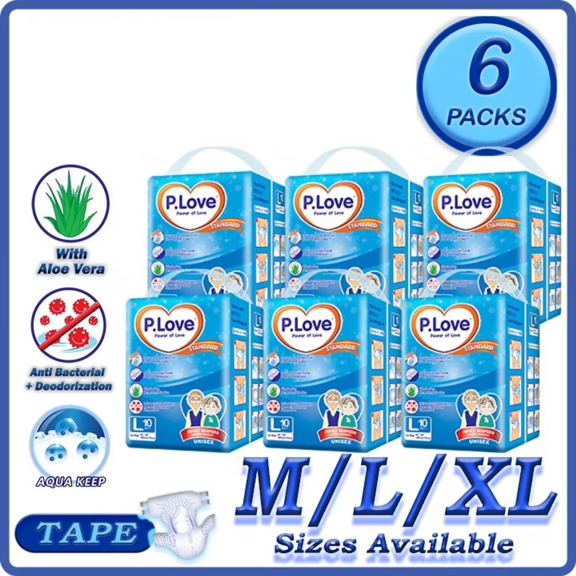 PLove Standard Adult Diapers Lampin Dewasa (P.Love 6 Packs) - (Size M, L, XL) Ready Stock