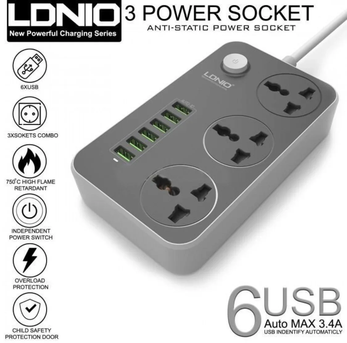 🇲🇾LDNIO SC3604 Power strip 3 universal socket with 6 USB Output (3.4A/2m)