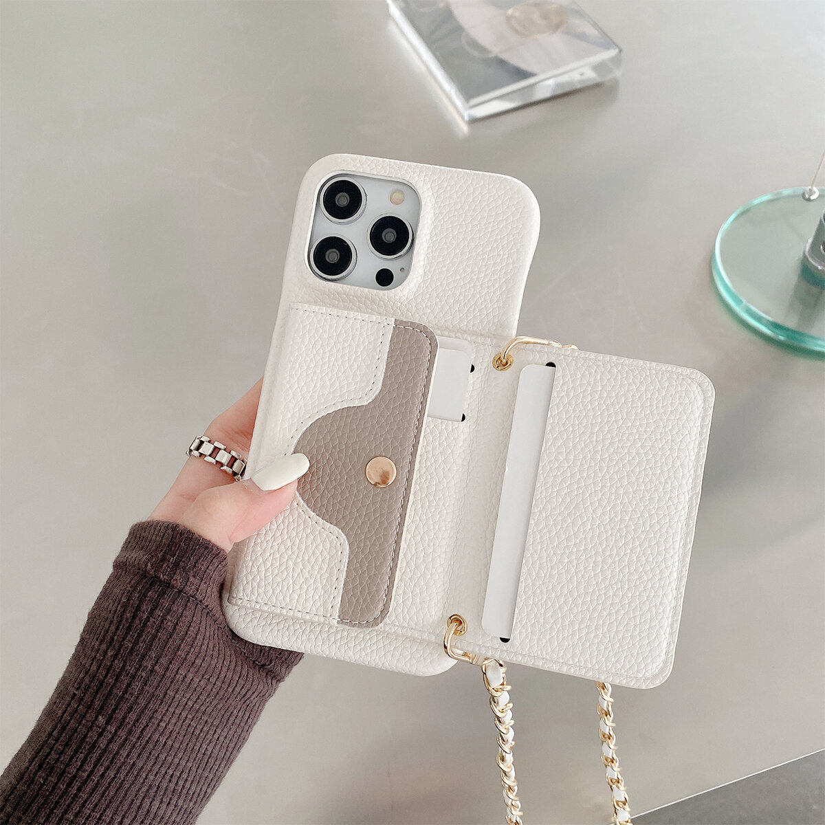 Luxury Wallet Phone Case With Metal Chain And Mirror For Iphone_voghion.com