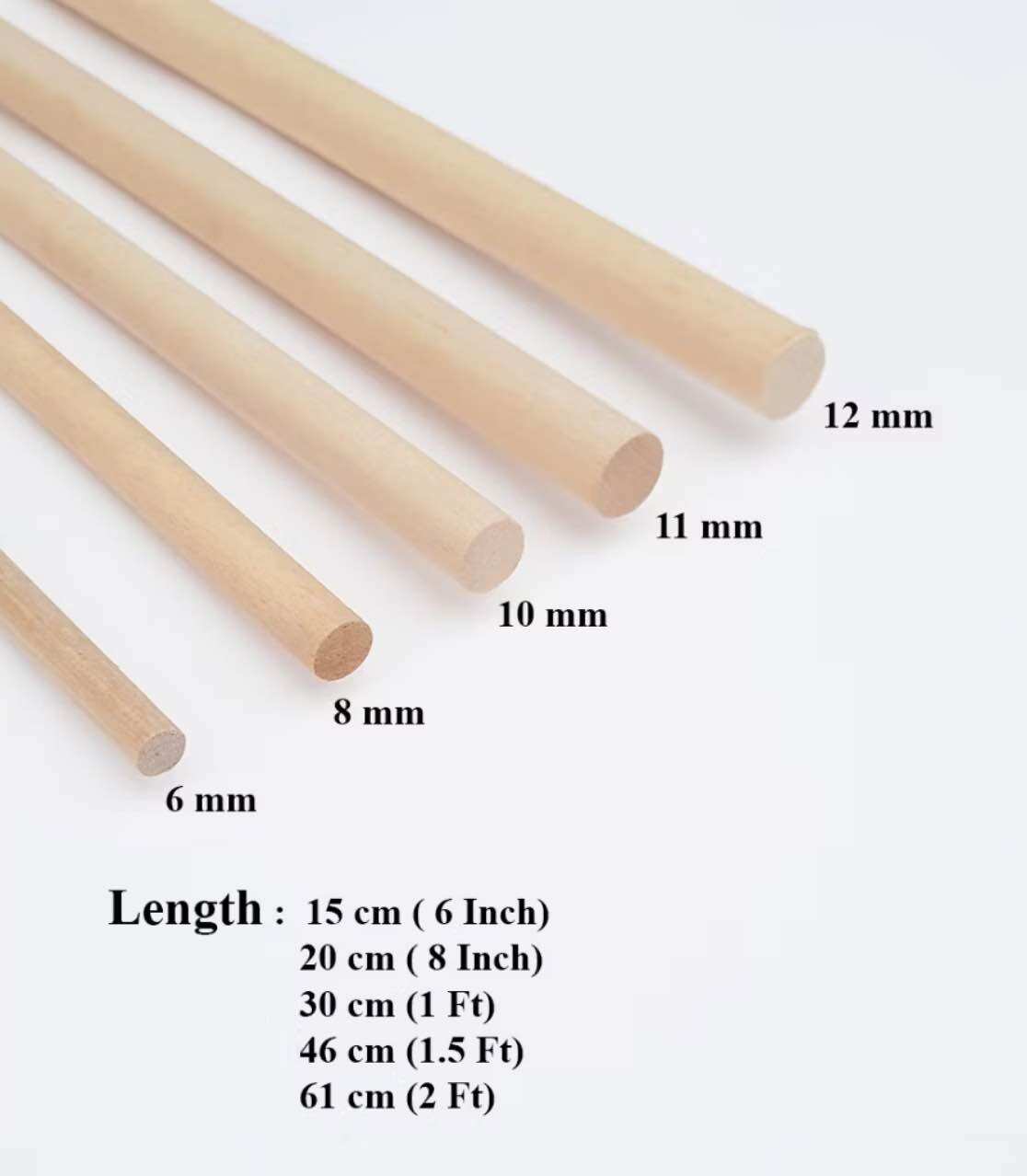 Round Wooden Stick Wood Dowel DIY Stick Kayu Bulat Diameter 6mm/8mm/10mm/11mm /12mm(10pcs / 10 batang)