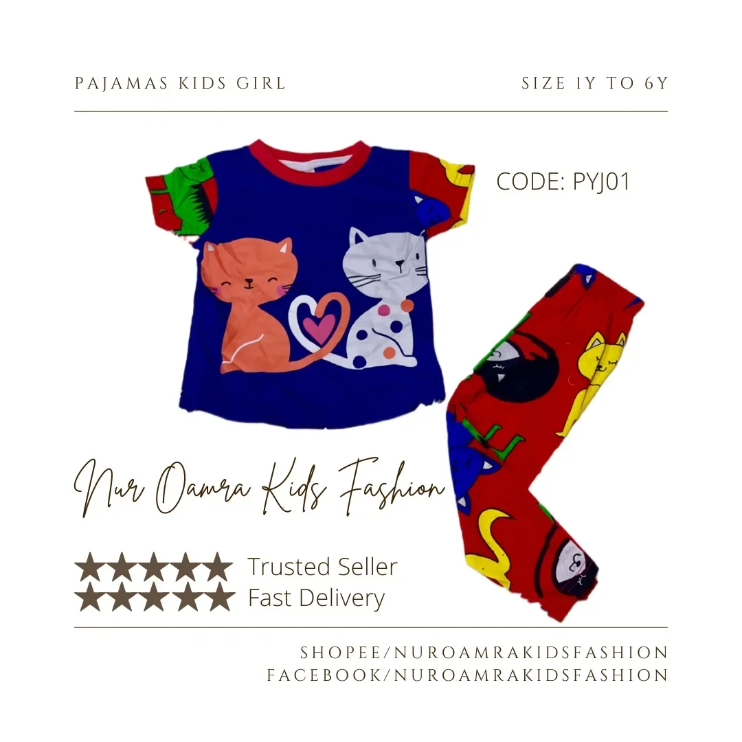 PYJ01 l Pajamas Kids Girl l Baju Tidur Budak l Cat 1Y to 6Y