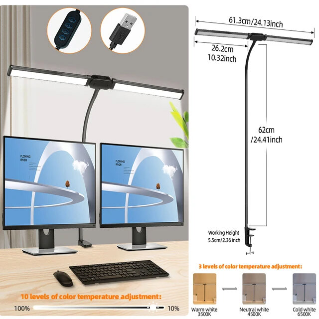 CANMEIJIA LED Desk Lamp 24W Clip Double Head Table Lamp USB Plug Screen Monitor Light Foldable Stepless Dimmable 3 Color Adjustable Eye Protection Led Reading Lights for Study Working Office Game Lighting Fixture