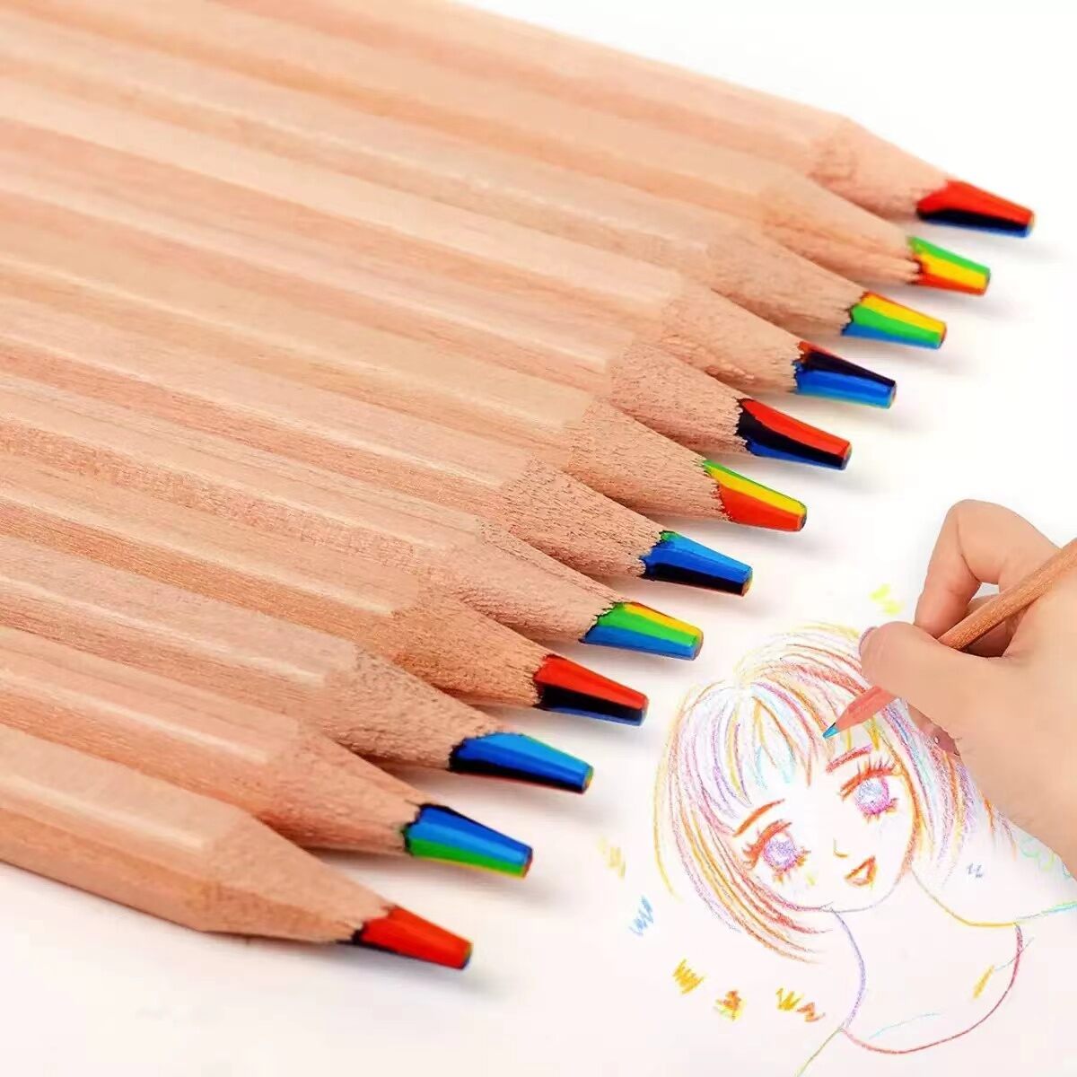 ดินสอสีหลักสีรุ้ง7สี12/24/36/48ชิ้นสมุดระบายสีด้วยมือแบบทำมือแบบปากกาวาดเครื่องเขียนการสอนศิลปะโรงเรียนปากกากราฟฟิตีสีรุ้ง