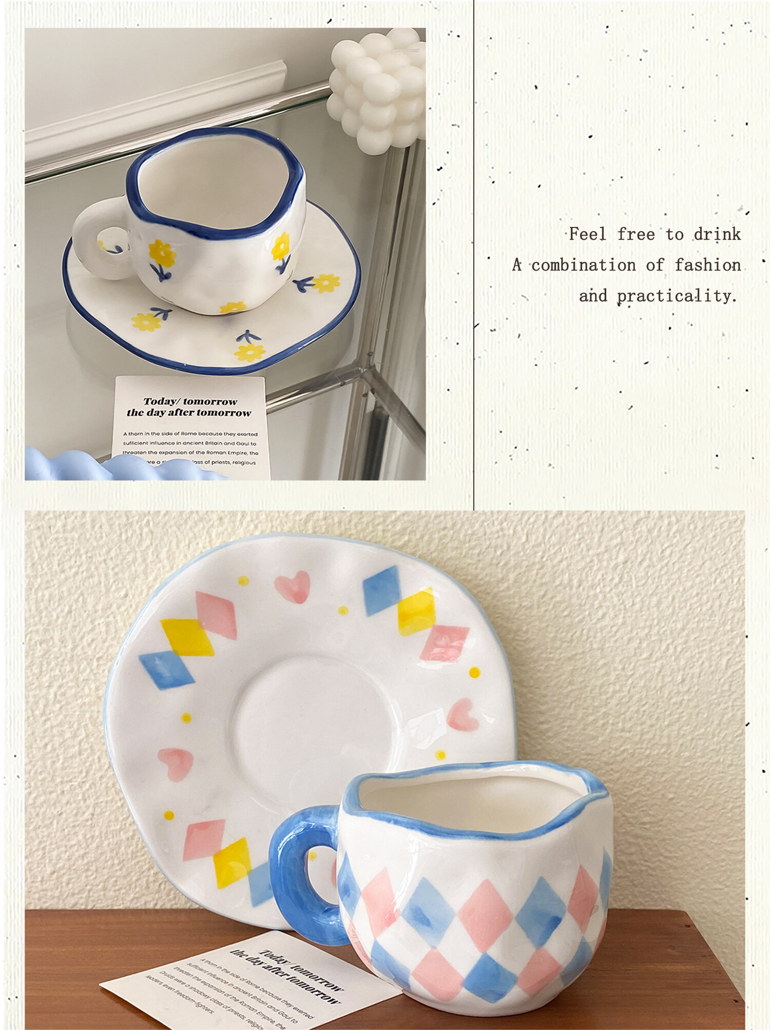 280 ml, ręcznie malowany, ceramiczny kubek w kratkę z motywem serca i chmurki, w stylu nordyckim, prezent na kawę
_voghion.com