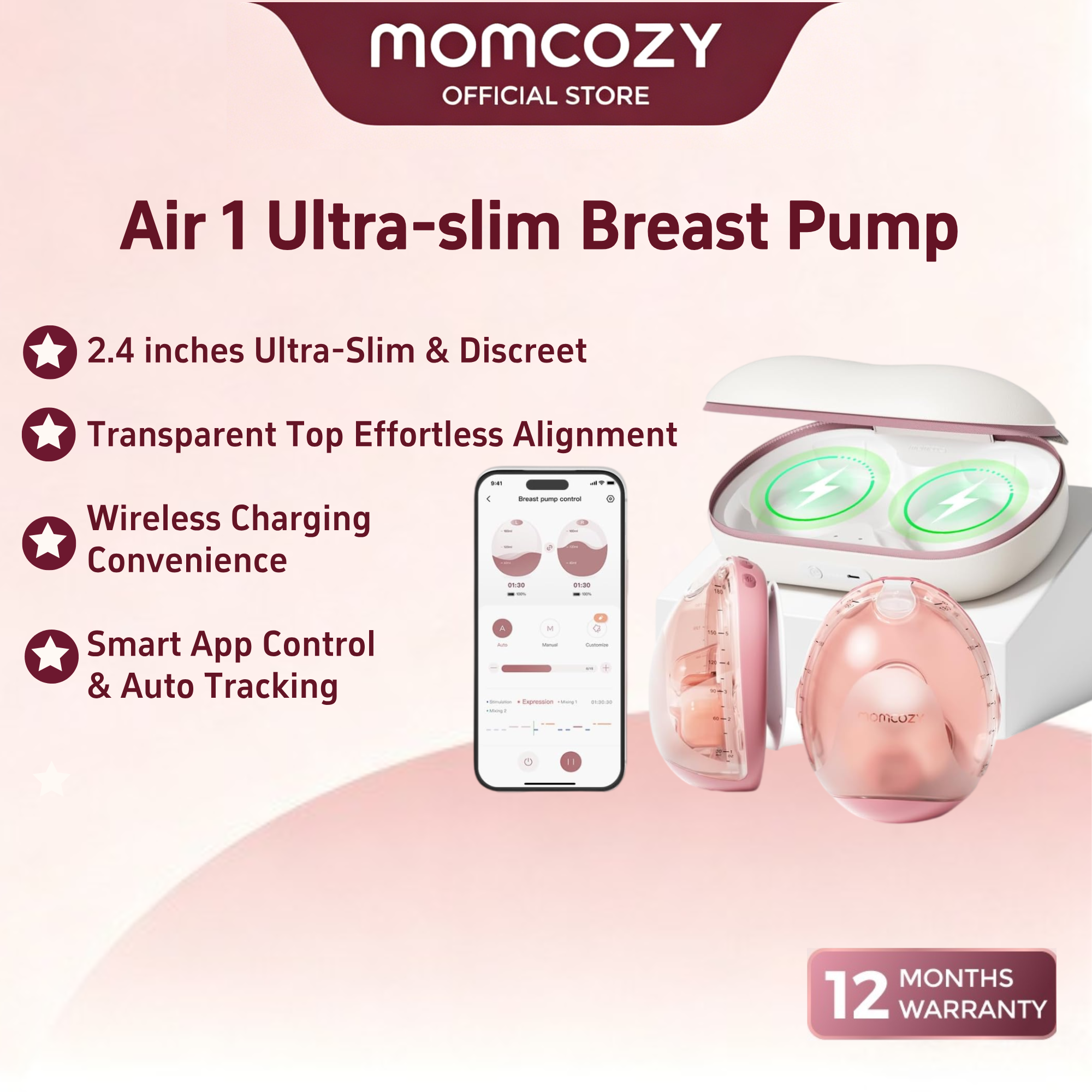 Momcozy Air 1 Ultra-Slim Breast Pump, Hands-Free Wearable Pump with Wireless Charging Case &amp; App Control with Auto Mode &amp; Full-Milk Alert ราคา 12,949 บาท*ส่งฟรี