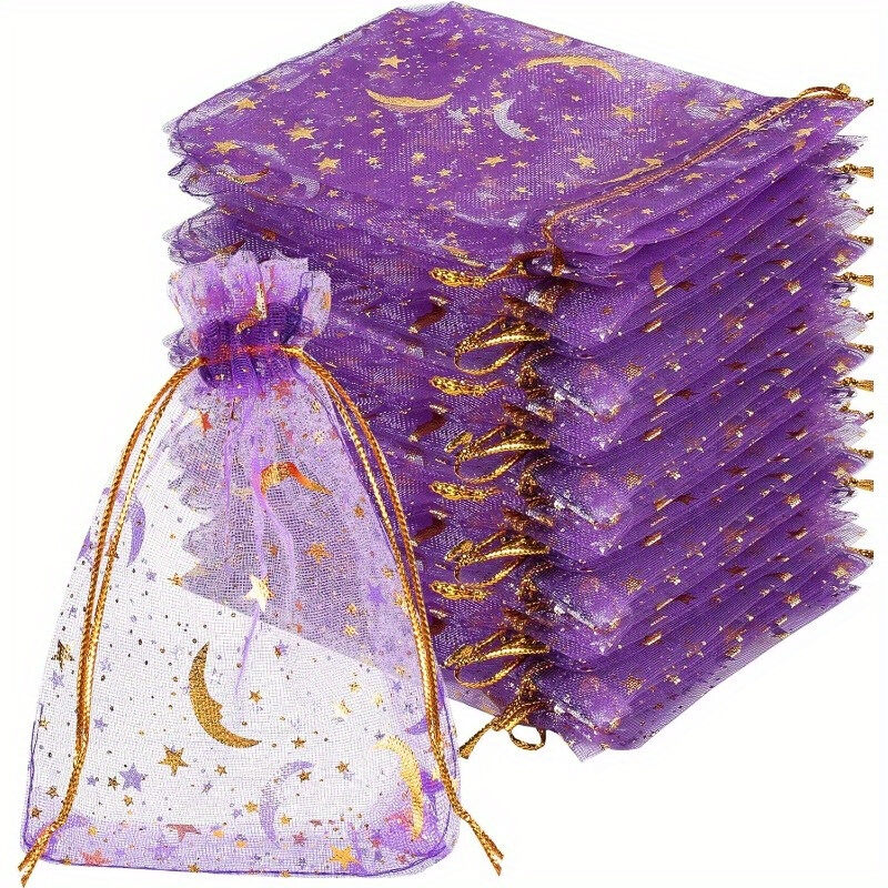 50PCS Moon Stars Drawstring Organza Bags Jewelry Gift Bags Pouches Gold Star Organza Favor Pouches for Christmas Wedding
