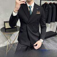 ROMON | Lormen Mens Casual Wedding Suit Set Double Row Buttons Business Formal Mens Striped Tailored Clothes For Groom And Guests