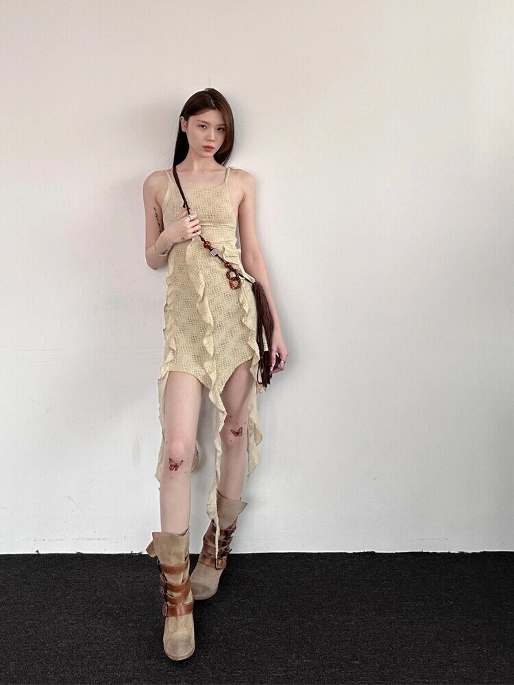 Spring Summer New American Desert Style Ruffle Sleeveless Top Mesh Strap Vest Patchwork Spicy Girl A-Line Long Dress