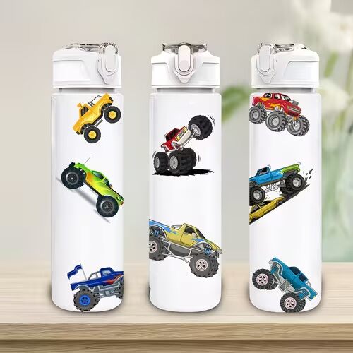 1 unidad de botella de agua deportiva de plástico con diseño de camión monstruo de dibujos animados, 750 ml/26 oz, con estampado bonito, a prueba de fugas con tapa abatible, ligera, resistente y duradera, de gran capacidad, reutilizable, adecuada para ofi - details 0