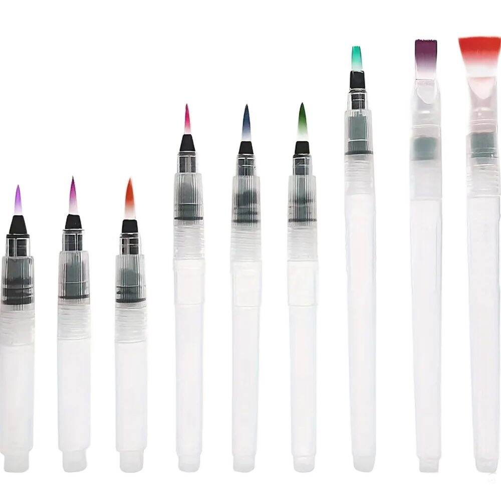 Watercolor Brush Pens Set - Easy to Use and Fill 9 Piece Set of Water Soluble Colored Pens for Beginners