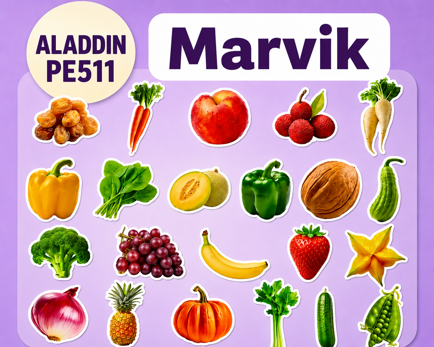 Marvik ALADDIN PE511 fruit and vegetable stickers set. 24 colorful stickers. Suitable for childrens crafts and educational activities. Perfect for decorating notebooks and planners.