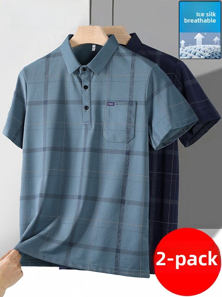 Ice Silk Polo Shirt Short Sleeve Men's Checkered Mid-aged And Elderly People's T-shirt with Pocket Breathable Business Casual