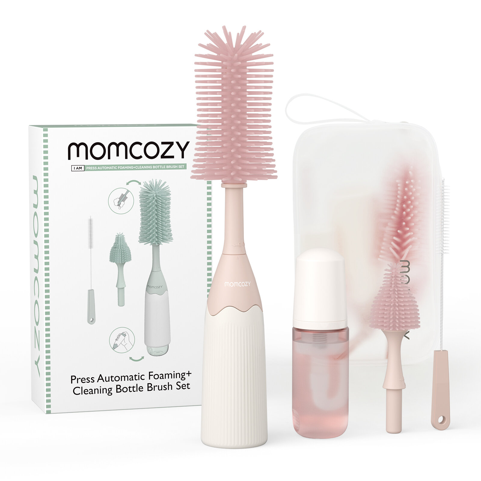 Momcozy Innovative Baby Bottle Brush Set Press-to-foam Design for Ease of Clean 2 Brush Head Replacements for Complete & Better Bottle Cleaning Baby Bottle Cleaner Kit with Straw Brush