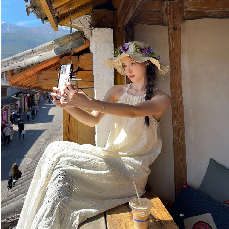 Elegant French Vintage Hollow out Strap Dress Summer 2025 New Style Beach Holiday Fairy Long Skirt for Women U-Neckline A-Line