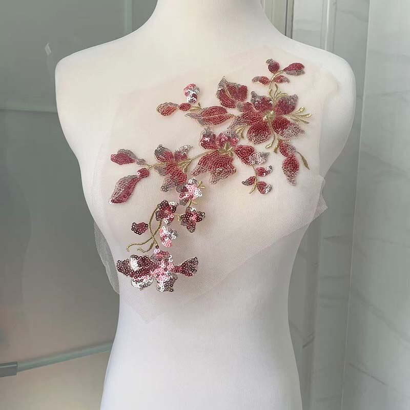 28*16CM 3d Flower Sequin Embroidery Fabric Lace Applique Sew on PatchesBodice Beaded Appliques Sewing Supplies For Dress