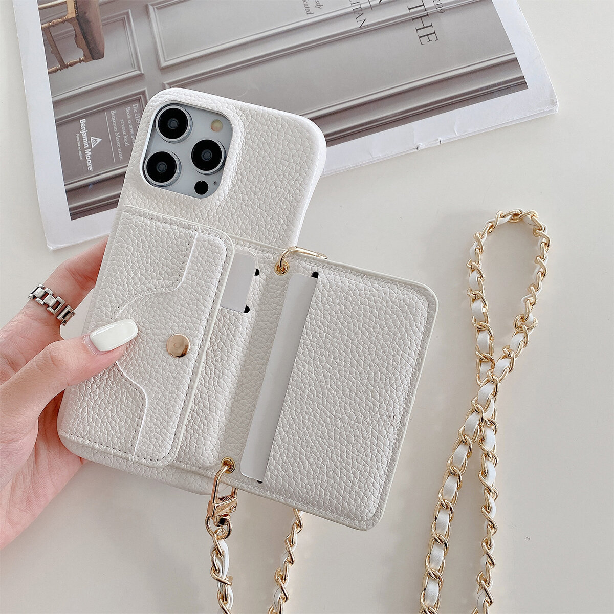 Luxury Wallet Phone Case With Metal Chain And Mirror For Iphone_voghion.com