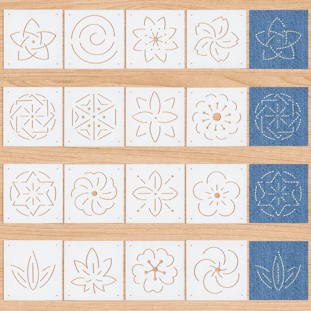 16Pcs Plastic Sashiko Stencil 5x5inch Flower Patterns Embroidery Tool Drawing Line Template for Hand Quilting and Embroidery