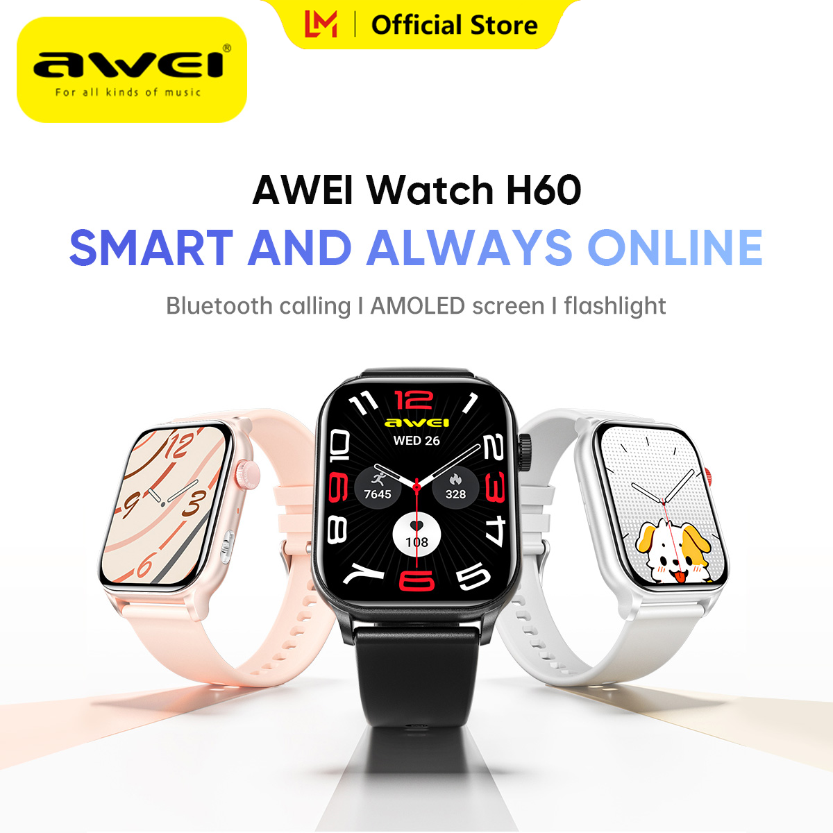 Awei H60 Smart watch Bluetooth calling 5-7days standby time 1.95 inch AMOLED Screen IP67 Waterproof sleep monitoring Flashlight smartwatchs for men women Outdoor sports ราคา 1,203 บาท*ส่งฟรี
