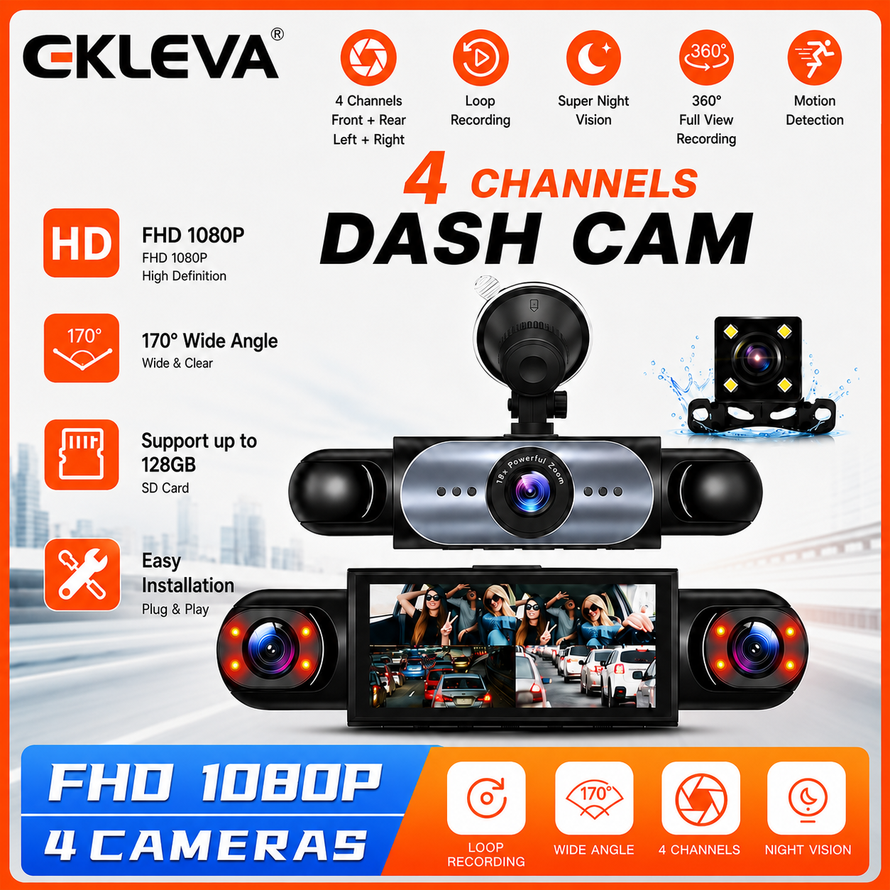 EKLEVA 4 Channel Dash Cam 360 Degree Car Video Recorder