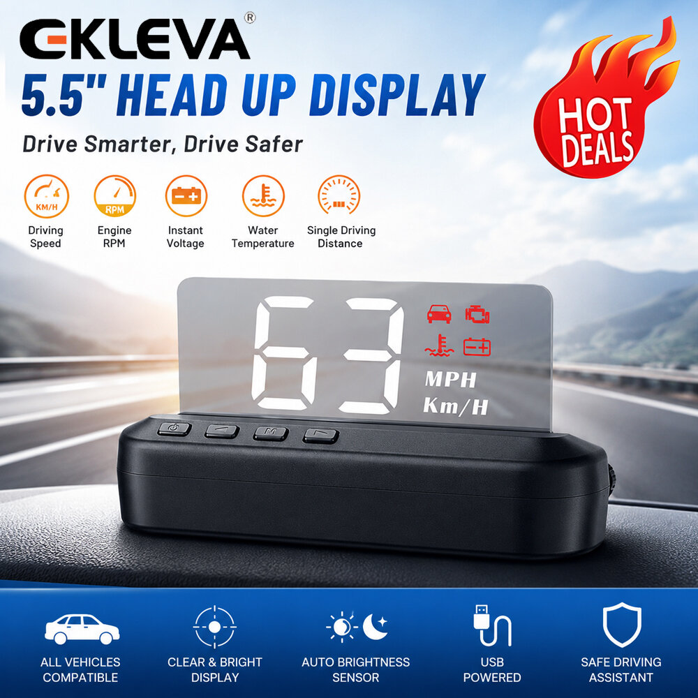 Ekleva mới OBD2 HUD gương Màn hình hiển thị trực diện đầu xe ô tô C100 HUD kỹ thuật số màn hình chiếu Tốc độ báo động an ninh nhiệt độ nước rpm KMH MPH công tơ mét