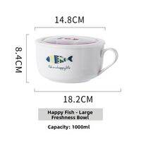 Large Ceramic Bowl with Handle for Instant Noodles Microwave Safe Student Dormitory Home Use Bowl with Lid Cartoon Design