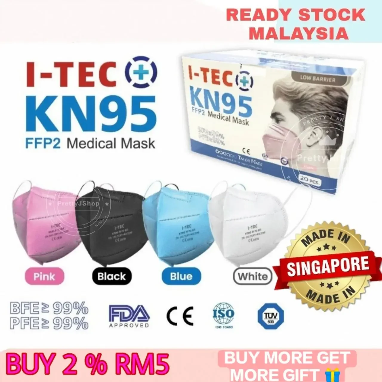 KN95 Medical Face Mask 5 Ply Individual Packing (ITEC SINGAPORE) MFFP2 BFE