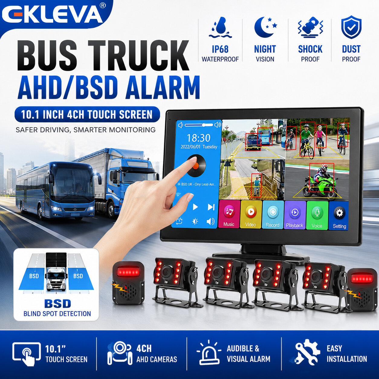 EKLEVA 10 Inch Touch Screen 4CH Smart BSD Alarm Truck Bus Car DVR Video Recorder Monitor with 4 PCS AHD 1080P IR Night Vision Cameras Giá 4,319,752 Đồng*Miễn phí vận chuyển