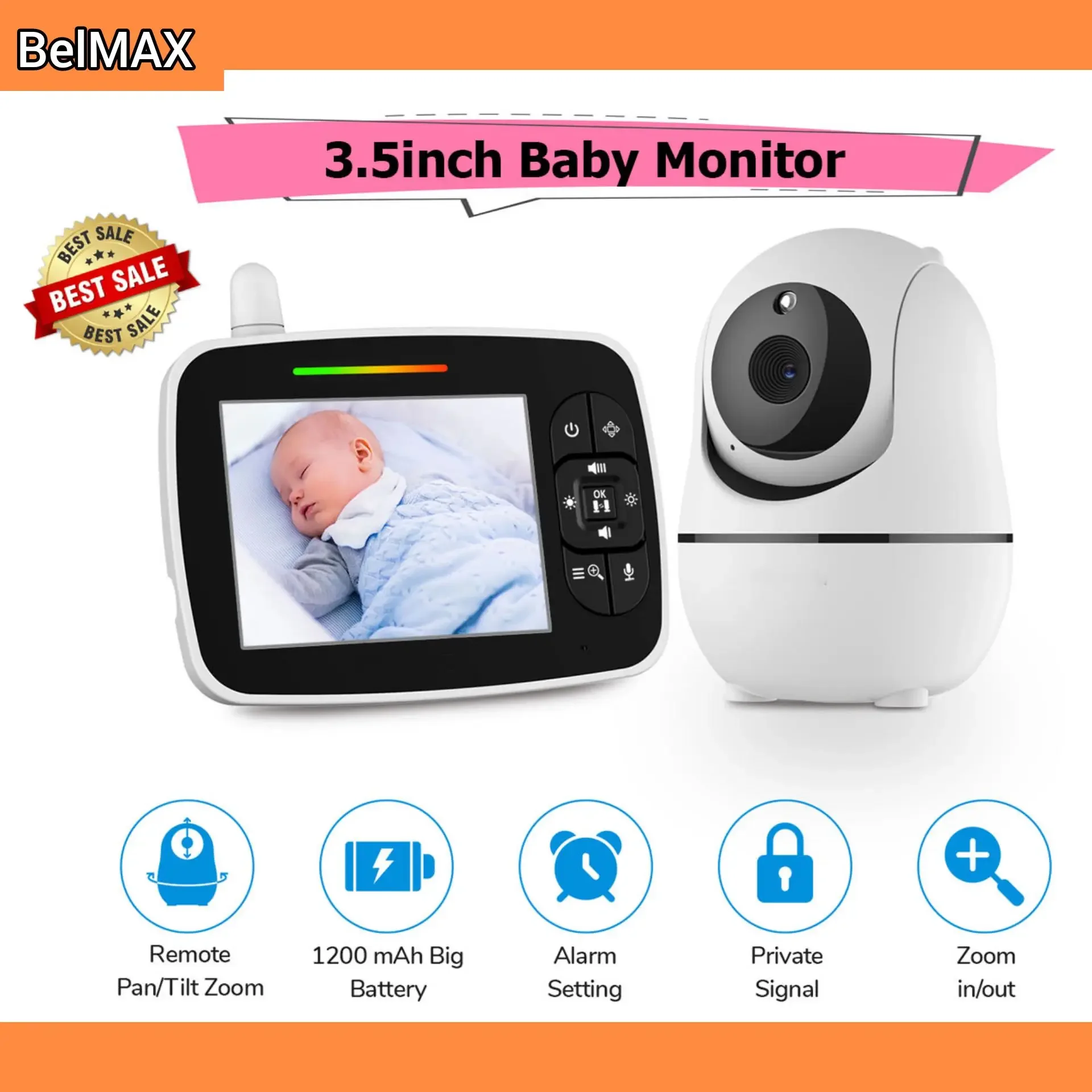 Baby Monitor with Remote Pan-Tilt-Zoom Camera, 3.5inch Large Display Video Baby Monitor with Camera and Audio |Infrared Night Vision |Two Way Talk | Room Temperature| Lullabies