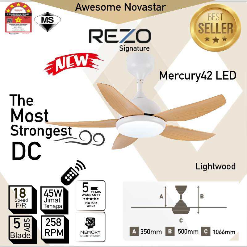 REZO Mercury 32"/ 42"/56" with LED DC Motor Remote Control Ceiling Fan Premium. 