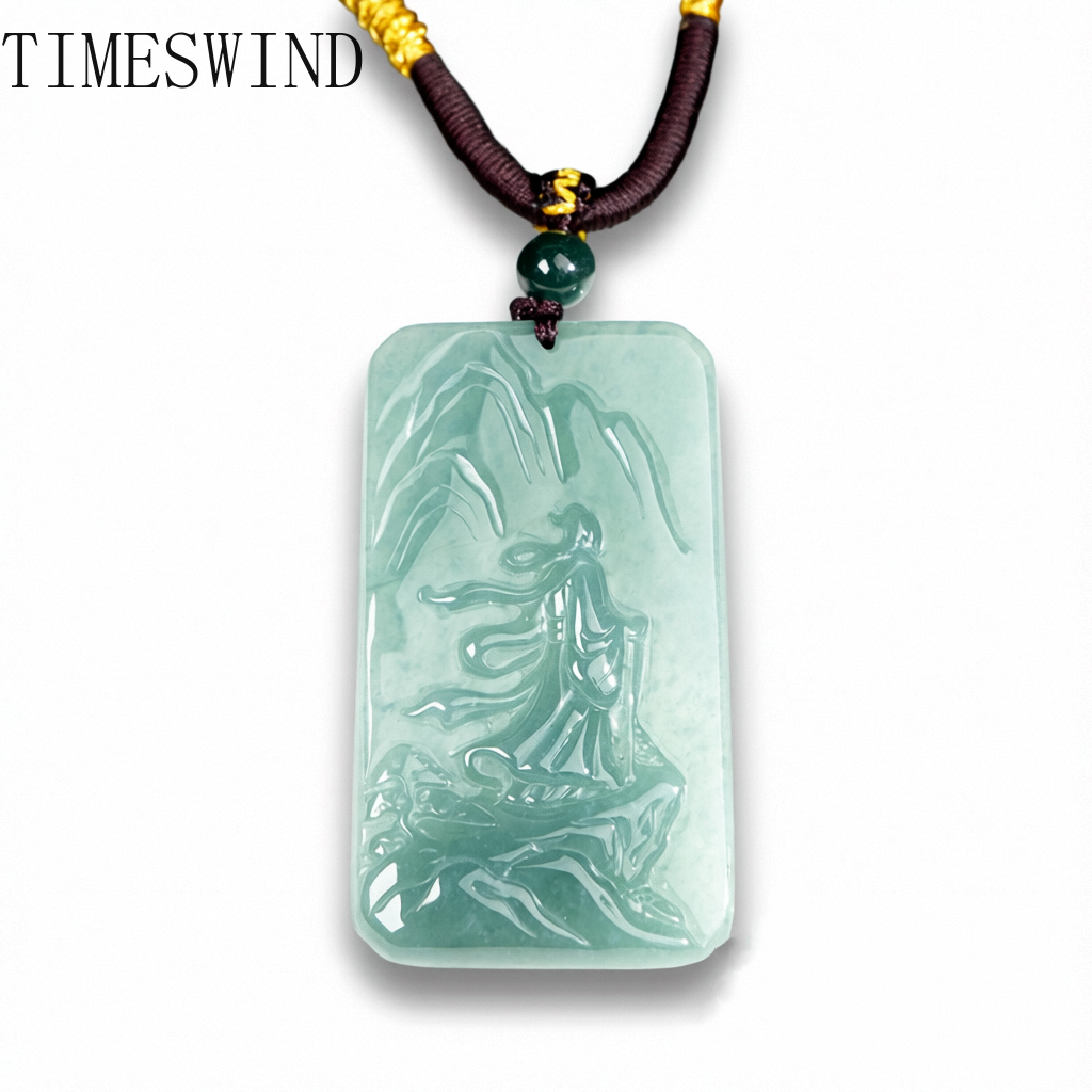 TIMESWIND Natural Original A-type Jade Light Green Human Snow Mountain Climbing Square Pendant Men Lucky Necklace with Certificate ราคา 2,047 บาท*ส่งฟรี