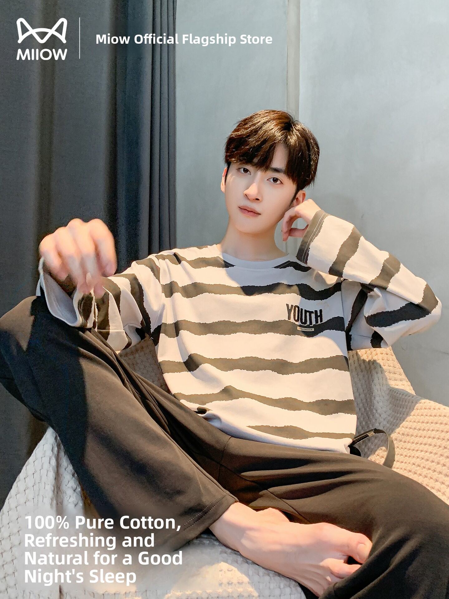 MiiOW | Men's Pure Cotton Sleepwear Long Sleeve Hoodie Striped Set Spring Autumn Casual Comfortable Breathable Home Clothes Outdoor Wearable Harga 108 Ringgit*Penghantaran Percuma