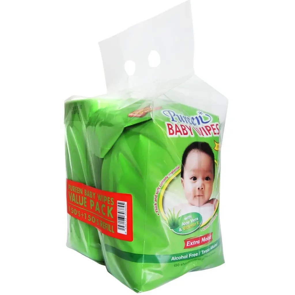 Pureen Baby Wipes Jar WH - Green (150's + 150's Refill)
