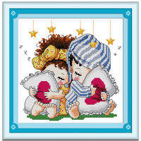 Cross Stitch Set Baby Boy and Girl Child Character Complete Kit with Pattern 14/11CT