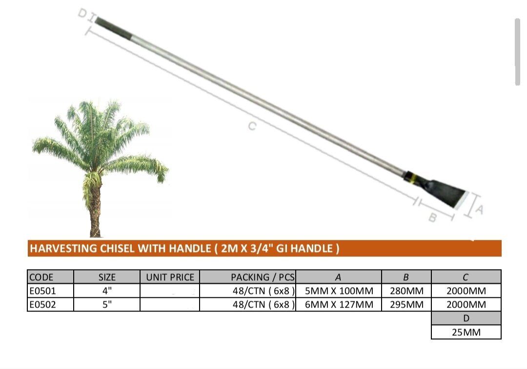 Pahat Sawit Siap Batang 2 meter / Palm Oil Chisel with Handle 2 meter. 