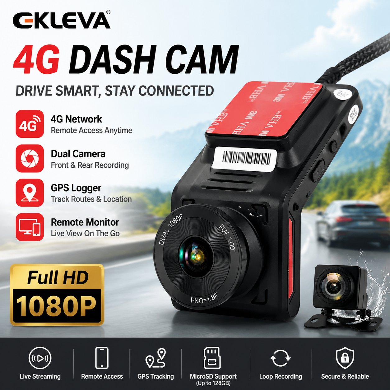 EKLEVA 4G Hidden Dual Dash Cam FHD 1080P WiFi Tracker Live Remote Monitor Loop Video Recording 24H Parking Guard Night Vision Giá 2,124,255 Đồng*Miễn phí vận chuyển