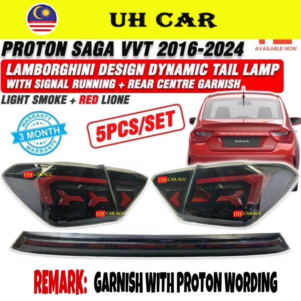 (LAMBORGHINI DESIGN) Proton Saga VVT 2016-2024 Dynamic Led Tail Lamp Taillamp Taillight Running Signal Garnish Tailgate