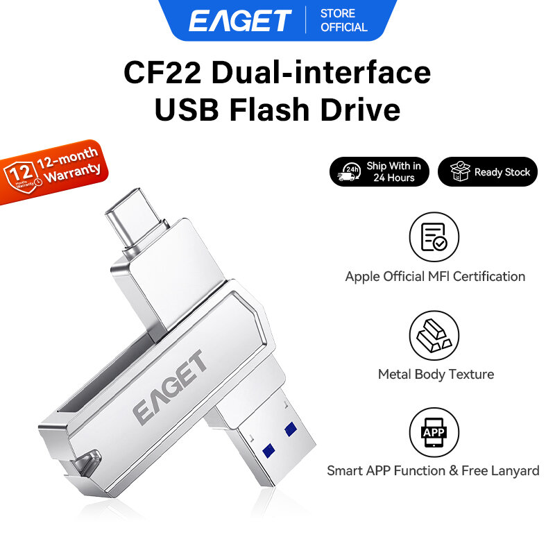 EAGET CF22 Type-C To USB 3.2 Dual Interface USB Flash Drive (32GB/64GB/128GB/256GB/512GB/1TB) ราคา 1,317 บาท*ส่งฟรี