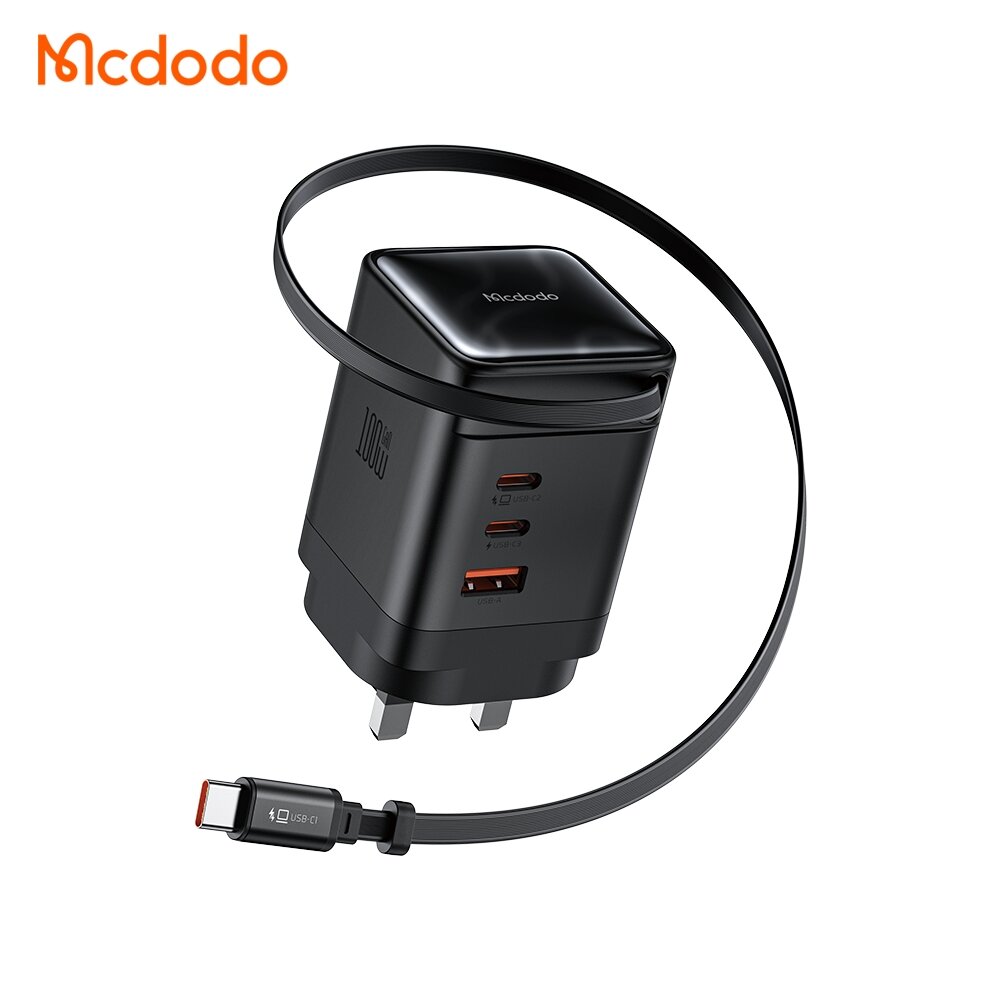 Mcdodo FreeGo 100W GaN UK Charger with Built-in Retractable USB-C 65W Cable USB-A Type C Charger Quick Charge QC3.0 PD PPS USB Type C Charger For iPhone 17 16 15 14 13 Macbook Laptop iPad Xioami Samsung Huawei Mate 80 Pro GaN Type-C Super Fast Charger Harga 217 Ringgit*Penghantaran Percuma