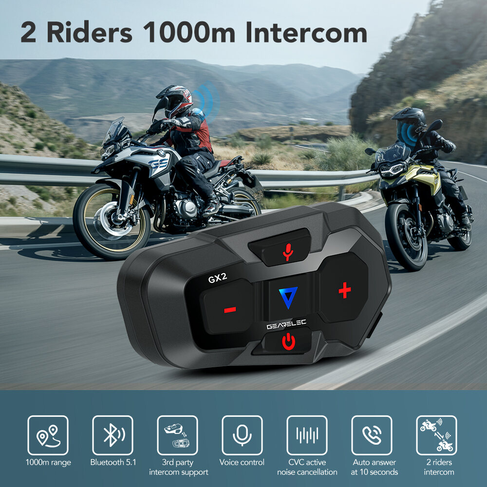 GEARELEC GX2 Motorcycle Helmet Bluetooth 5.1 Intercom System 2 Riders 1000m Wireless Interphone Headset with Voice Control. 