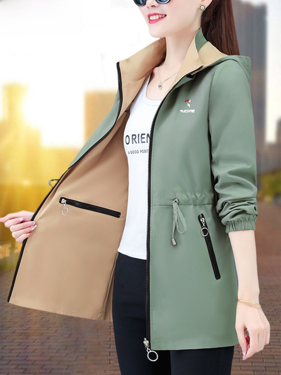 Double-Sided Wear Mid-Length Jacket for Women Spring Autumn New Fashion Versatile Middle-Aged Mom Casual Print Zipper Pocket