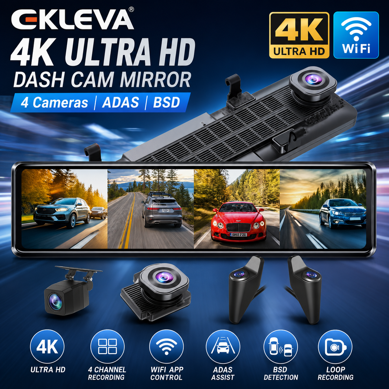 EKLEVA 4 Channel Dash Cam 11.26 Inch 4K WIFI Rear View Mirror 4 Cameras Video recorder Car DVR ADAS BSD Night Vision 24H Parking Giá 4,006,113 Đồng*Miễn phí vận chuyển