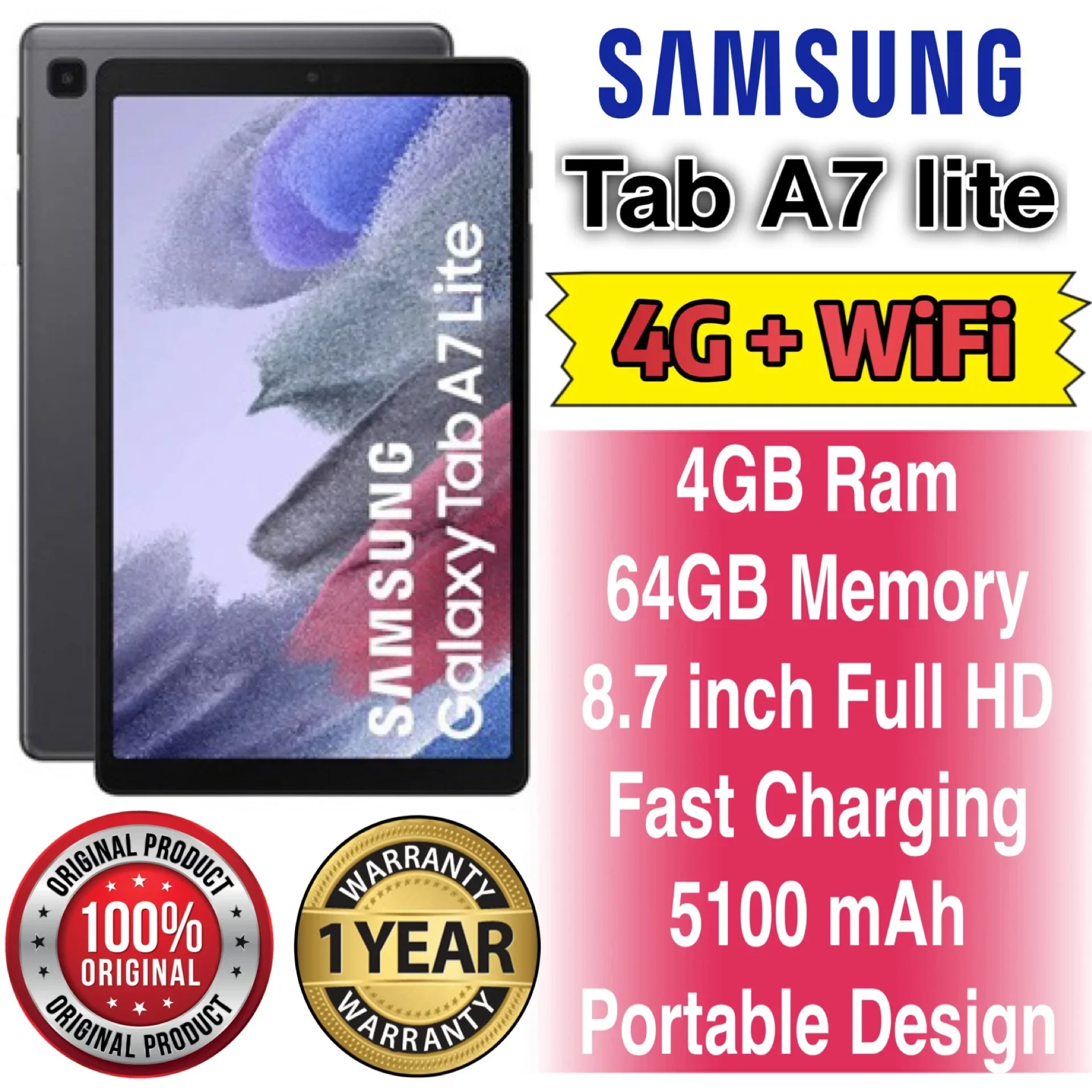 4G LTE cellular - Samsung Galaxy Tab A7 Lite (32GB / 64GB) 1 Year Warranty