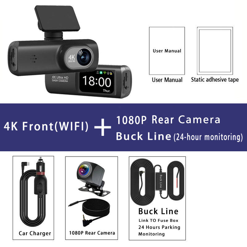 Dash Cam 4K 3840*2160P GPS WIFI Car DVR Front and Rear Dual Lens Auto ...