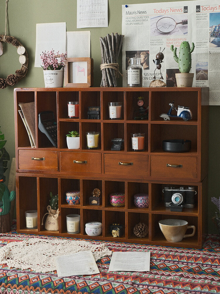 Desktop Storage Box Tape Cosmetic Shelf Desk Stationery Desk Wooden Vintage Drawer Zakka Cabinet Harga  133 Ringgit*Penghantaran Percuma
