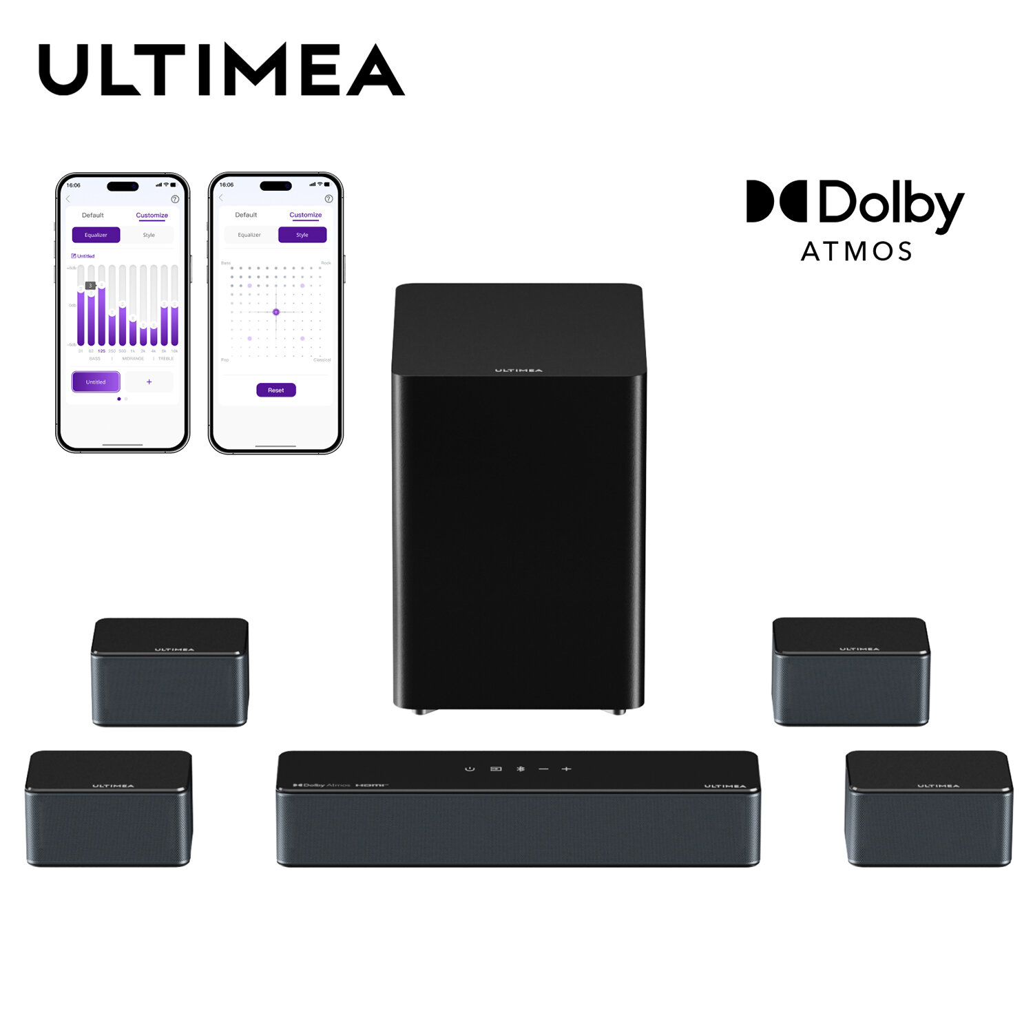 ลำโพงบลูทูธไร้สาย ULTIMEA Poseidon D80 Boom 7.1ch พร้อม Dolby Atmos 500W, ซับวูฟเฟอร์ไร้สาย 6.5", ระบบเสียงรอบทิศทาง 3D, Bluetooth 5.3, การควบคุมแอป