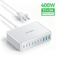 Rocoren 400W/200W GaN 10-Ports Fast Charger 7C+3A 7*USB-C+3*USB-A Desktop Charger Quick Charging With 1.5m Extended Cable For Laptop Power Adapter iPhone 16 15 Pro Xiaomi
