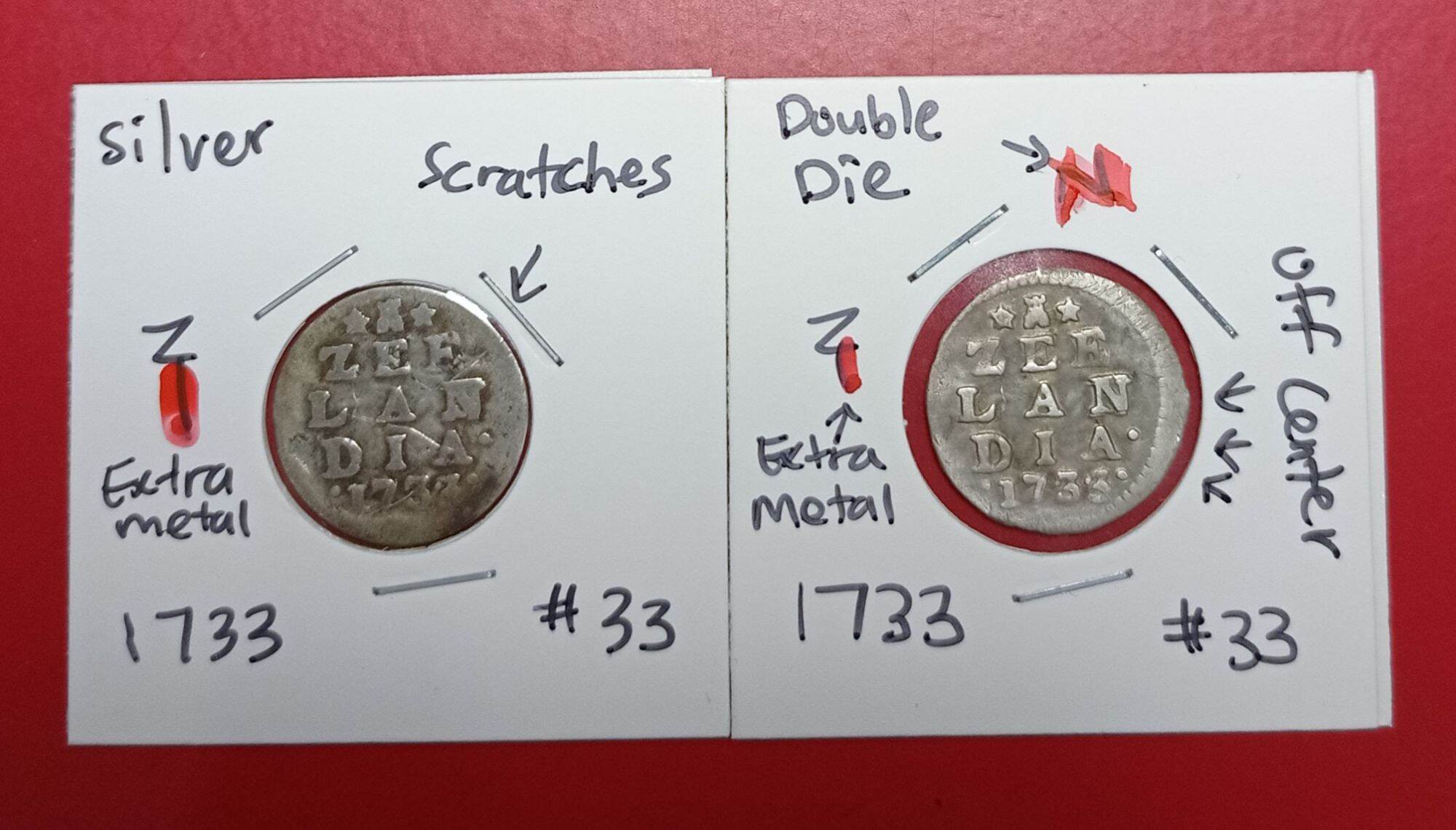 2pcs Netherlands Province of Zeeland 2 Stuivers 1733 Error Silver Coin #33