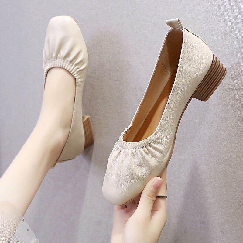 3.5CM Casual Comfortable Stylish Retro Slimming Square Toe Elastic Slip-On Block Heel Women's Shoes Size 35-40